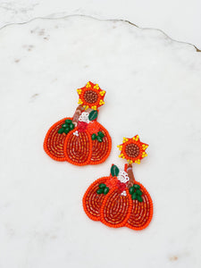 Sunflower Post Pumpkin Beaded Dangle Earrings